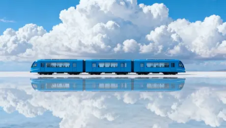 A sleek blue train glides slowly across a mirror-like lake, its reflection perfectly clear in the water below, while soft white clouds drift lazily across the vast blue sky.