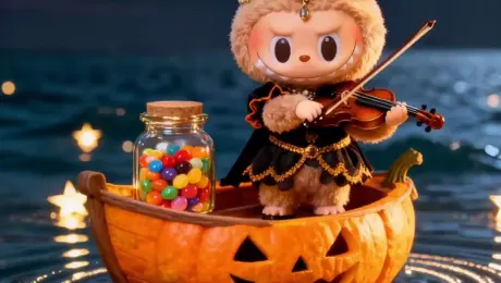 A plush Labubu toy adorned with bunny ears, holding a violin with both hands and playing it gently.