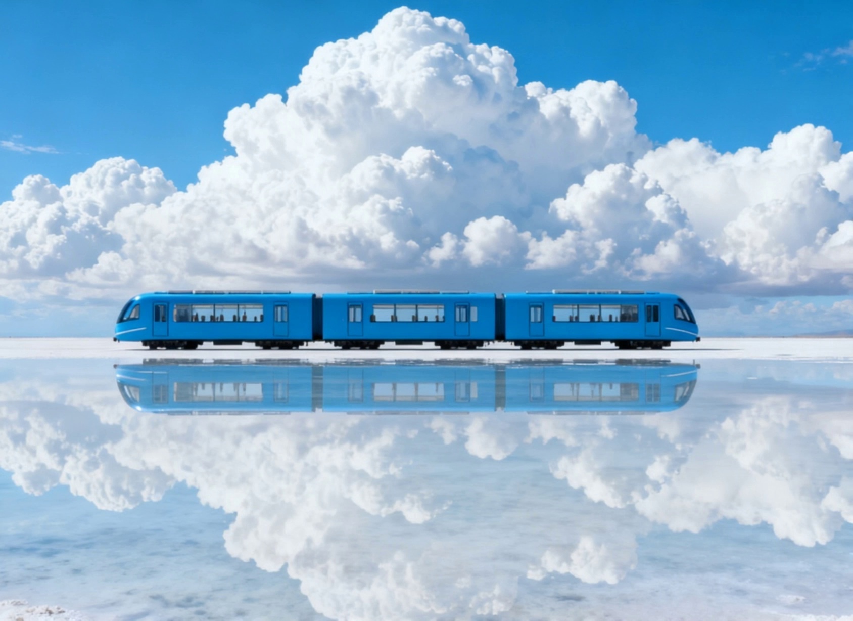 A sleek blue train glides slowly across a mirror-like lake, its reflection perfectly clear in the water below, while soft white clouds drift lazily across the vast blue sky.