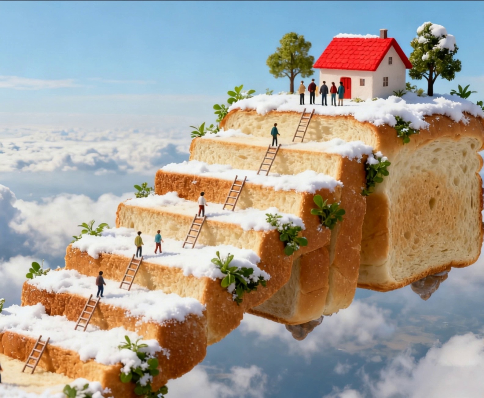 The scene depicts a fantastical floating staircase in the sky. The steps are made of bread, covered in white snow, with edges adorned by touches of green plants. At the top sits a small red-roofed house, with several people standing upon it. Tiny figures move along the staircase, and a ladder is propped up against it. In the background stretches a sea of clouds under a blue sky. The image is rendered with fine, dreamy textures and a fresh, soft color palette — the red roof, green foliage, white snow, and warm bread tones harmonize to create a fairytale-like, surreal atmosphere.