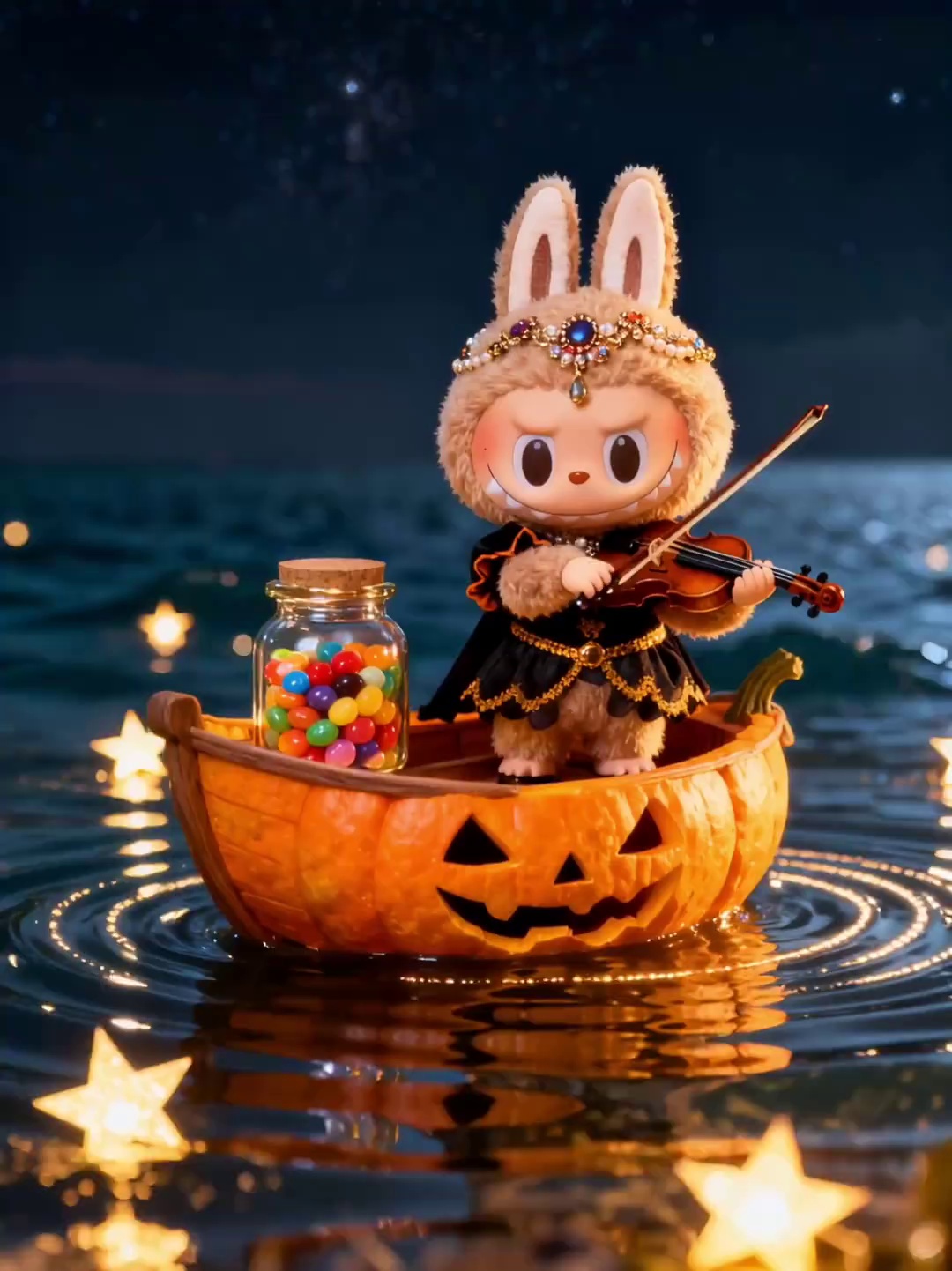 A plush Labubu toy adorned with bunny ears, holding a violin with both hands and playing it gently.