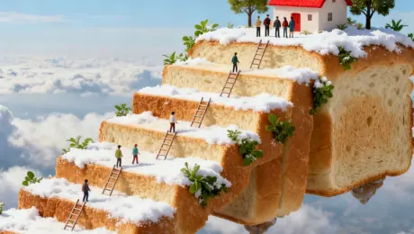 The scene depicts a fantastical floating staircase in the sky. The steps are made of bread, covered in white snow, with edges adorned by touches of green plants. At the top sits a small red-roofed house, with several people standing upon it. Tiny figures move along the staircase, and a ladder is propped up against it. In the background stretches a sea of clouds under a blue sky. The image is rendered with fine, dreamy textures and a fresh, soft color palette — the red roof, green foliage, white snow, and warm bread tones harmonize to create a fairytale-like, surreal atmosphere.