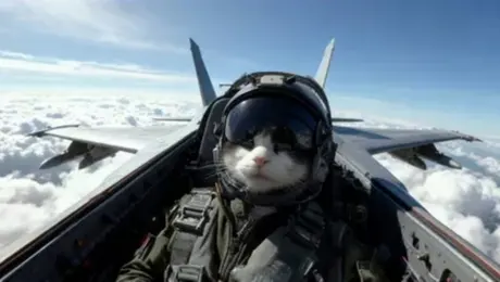 From a handheld camera viewpoint, a cat sits in the pilot’s seat inside the cockpit, its ears twitching as it turns its head left and right to watch the horizon. Through the windows, the aircraft glides steadily above a rolling sea of bright white clouds, sunlight spilling across the dashboard.