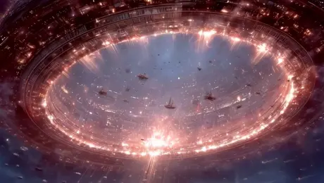 The colossal, floating ring-shaped city continues to ascend, its height steadily rising. Dense streams of shuttlecraft weave through and around the vast structure, forming flowing ribbons of light. Some vessels ignite blazing exhaust trails as they depart from the central port, while others switch on their navigation lights and slowly approach docking bays. As the city’s architectural clusters rise, they tremble slightly, shedding tiny shards of metal into the void. The camera sweeps around in a circular motion, revealing the full panoramic movement of the scene.