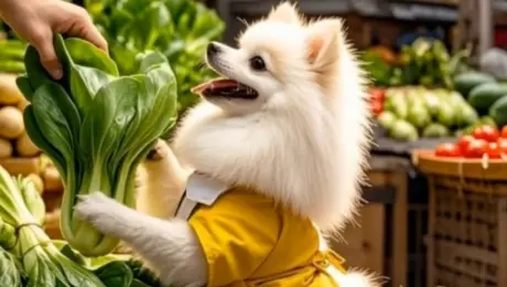 Low-angle tracking shot in 8K ultra-high-definition with realistic texture: A pure white Pomeranian wearing a bright yellow cotton apron rests its front paws on the edge of a woven bamboo vegetable basket in a market. Tilting its head upward, it gazes intently at freshly arranged baby bok choy, the leaves a vibrant emerald green speckled with dewdrops, while its tail wags lightly. The dog gently nudges the leaves with its paws, selecting a tender bunch, which the vendor hands to it in cooperation. In the background, the stall is filled with hanging vegetables, and warm natural light outlines the glossy texture of its fur.

Sound design: Cheerful urban market BGM + soft, playful “woof” sounds from the Pomeranian + the gentle clatter of vegetables at the stall.