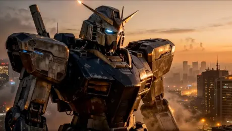 [Medium close-up shot], [eye level with a colossal, battle-worn sentinel mech]. [Revealing a vast futuristic cityscape bathed in the glow of dusk]. Relentless artillery fire rains down around and upon the mech, as it reaches out to grasp a massive, glowing energy greatsword. The mech swings the blade into position, settling into a battle-ready stance. Cinematic style, 8K resolution, highly detailed, intense atmosphere with drifting haze.