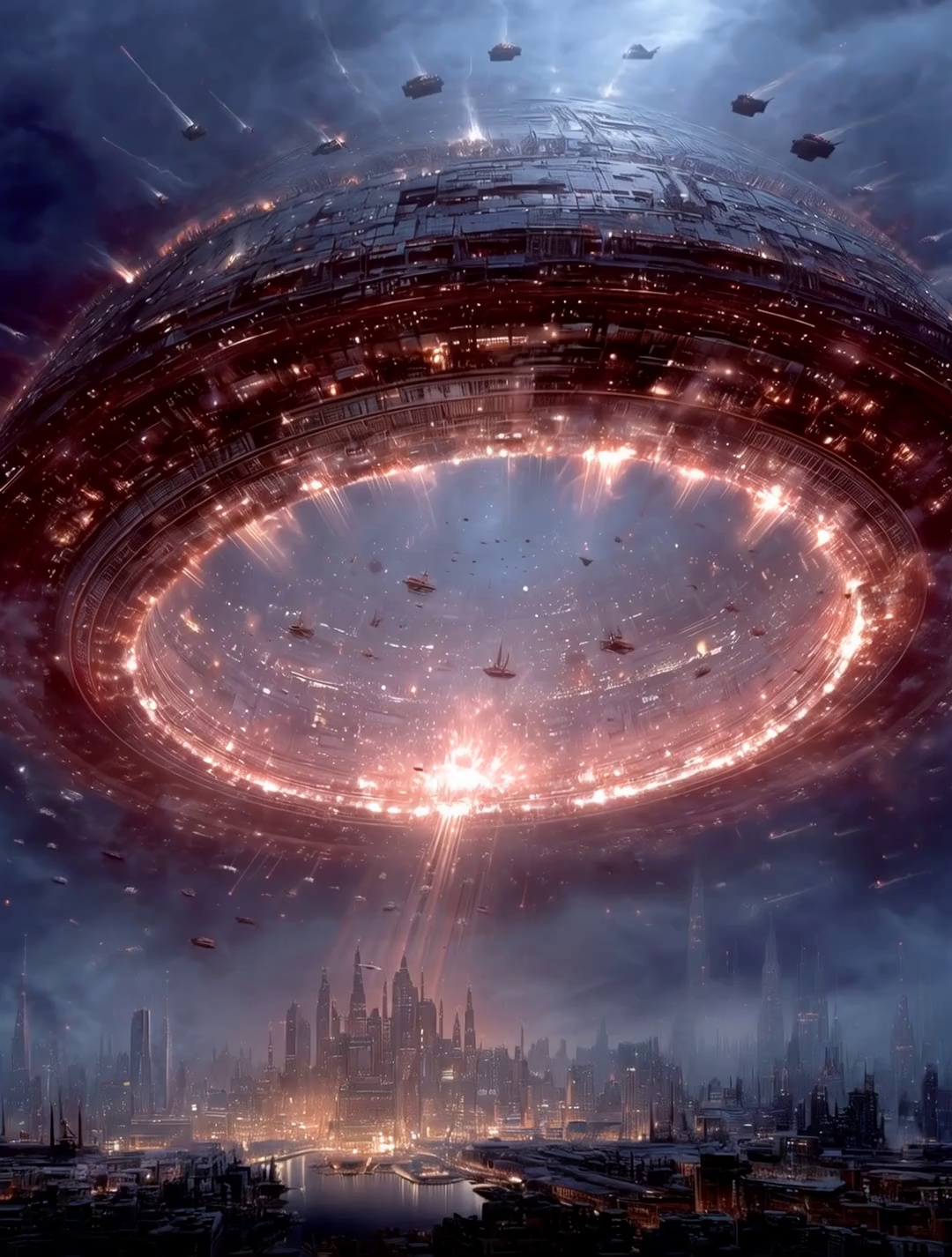 The colossal, floating ring-shaped city continues to ascend, its height steadily rising. Dense streams of shuttlecraft weave through and around the vast structure, forming flowing ribbons of light. Some vessels ignite blazing exhaust trails as they depart from the central port, while others switch on their navigation lights and slowly approach docking bays. As the city’s architectural clusters rise, they tremble slightly, shedding tiny shards of metal into the void. The camera sweeps around in a circular motion, revealing the full panoramic movement of the scene.