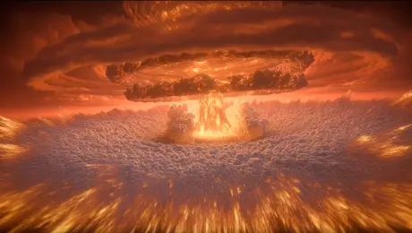 Wide-angle shot, long-distance view. As if Ragnarok has descended: in the sky, a colossal beast—or god—roars, its raw energy tearing apart the fabric of reality. On the horizon, a torrent of flame erupts from the abyss of the underworld, forming a massive mushroom cloud, within which the distorted silhouettes of heroic warrior spirits can be faintly seen. The blast wave sweeps across the land like the furious tidal surge of Poseidon, shattering the earth and carving bottomless chasms from which surge ghostly blue bolts of lightning—symbols of primordial chaos—flashing like the thunder of Thor from Norse myth. The sky is stained with a tragic crimson, signifying the final judgment, while clouds roll and churn like the battlefield of giants. Rendered in 4K cinematic quality, an epic vision of the apocalypse unfolds.