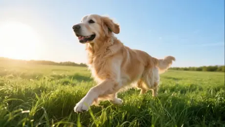 A majestic golden retriever, with sun-drenched fur and playful eyes, running through a field of vibrant green grass under a clear blue sky, golden hour lighting, cinematic photography.