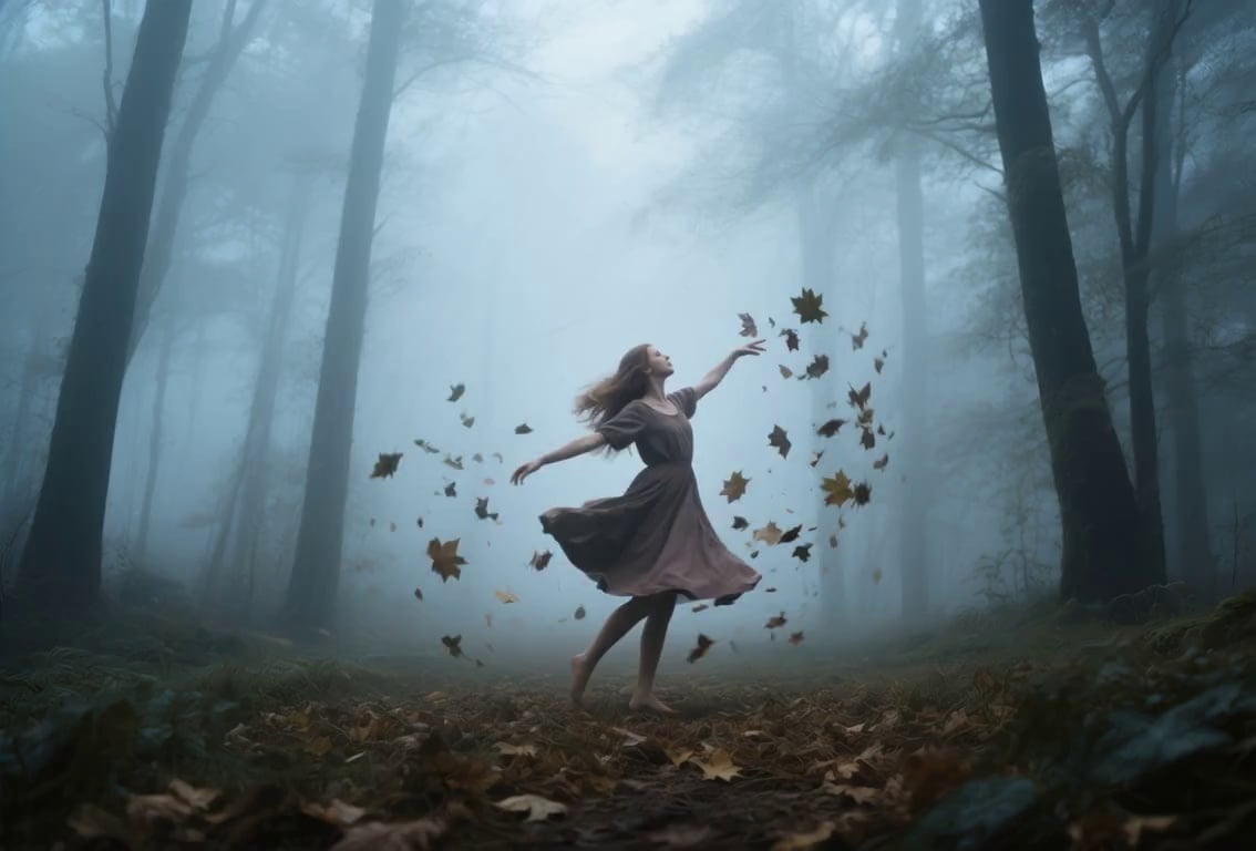 The girl in the image starts moving gracefully through a misty forest, twirling slowly, extending her arms as leaves swirl around her, camera rotates gently around her body, cinematic lighting, realistic motion