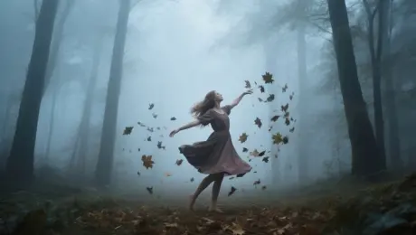 The girl in the image starts moving gracefully through a misty forest, twirling slowly, extending her arms as leaves swirl around her, camera rotates gently around her body, cinematic lighting, realistic motion