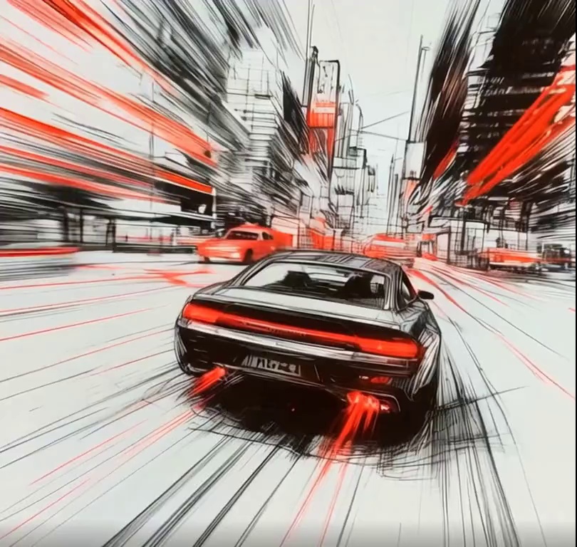Explosive cinematic transition: a rough hand-drawn sketch erupts into motion, lines morphing with blistering speed into a fully detailed, high-contrast final frame; rapid camera sweeps, intense motion blur, dramatic lighting, and tension building to an epic, breathtaking climax.