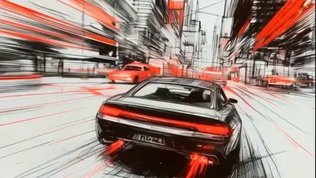 Explosive cinematic transition: a rough hand-drawn sketch erupts into motion, lines morphing with blistering speed into a fully detailed, high-contrast final frame; rapid camera sweeps, intense motion blur, dramatic lighting, and tension building to an epic, breathtaking climax.