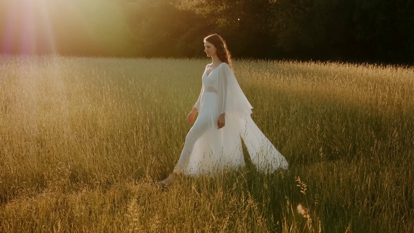 A slow cinematic tracking shot in golden hour light, warm sun rays gently filtering through trees, soft lens flares, delicate depth of field; a young woman in a flowing white dress walks through a meadow of tall grass, petals drifting in the breeze, ultra-realistic textures, gentle camera movement.