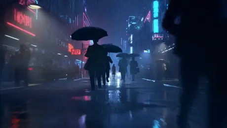 Opening Shot: A rapid, low-angle tracking shot races through a rain-soaked neon city at night. The street glistens under flickering signs, their colors exploding across puddles in streaks of crimson and electric blue. Torrents of rain slash diagonally past the lens as the camera pushes forward relentlessly, weaving between towering figures and umbrellas.

Transition: In a sudden whip-pan, the focus snaps to a lone figure standing in the middle of the street — a young woman in a tattered trench coat, her eyes glowing faintly against the storm. Steam rises from the asphalt around her as headlights flare behind, silhouetting her in blinding white.

Impact Frame: A burst of lightning tears the sky open in slow motion, illuminating the scene in an otherworldly glare before the shot plunges back into darkness, the hum of the city swallowing everything.