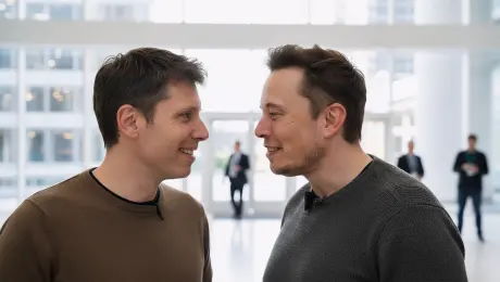 Altman and Elon Musk stand facing each other, smiling warmly, maintaining eye contact, with a subtle sense of rivalry in the air.
