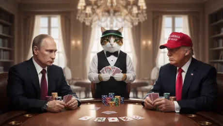 At a brightly lit poker table, Vladimir Putin, and Donald Trump are gambling. A cat in a dealer’s outfit stands behind the table, dealing cards.