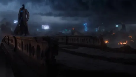 Epic cinematic shot in an apocalyptic city at dusk. A lone cybernetic warrior stands on a collapsed bridge, wind tearing through his futuristic trench coat. Neon sparks dance across the fractured skyline as a massive storm brews in the distance, clouds swirling like a vortex. The camera sweeps upward from ground level to a dramatic wide angle, revealing burning ruins and holographic billboards flickering erratically. Ultra-realistic textures, deep shadows, high-contrast lighting, 4K resolution.