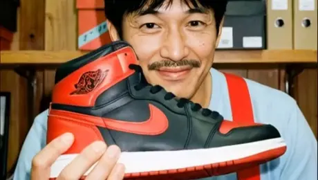 A man wearing a red apron gently places a pair of sneakers on a wooden workbench, his fingers carefully adjusting the angle of the shoelaces. In the warmly lit background, neatly arranged shoe boxes line a bookshelf, creating an orderly, cozy atmosphere. The camera moves slowly with a gentle downward tilt, clearly capturing the entire process of placing the shoes.