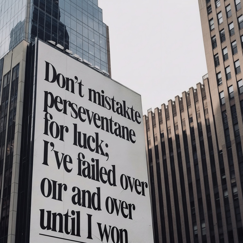Replace the exterior wall text with “Don’t mistake perseverance for luck; I’ve failed over and over until I won.”