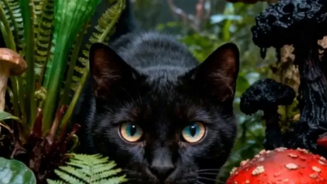 A black cat moves through the forest meadow, staring intently at the camera as if preparing to attack, with an emphasis on its eyes.