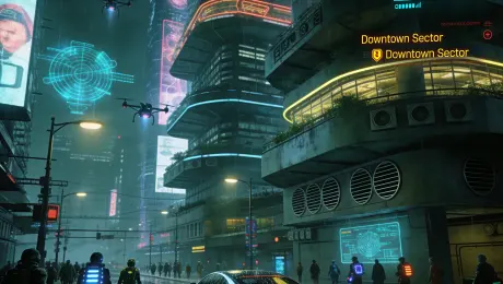Generate a cyberpunk computer game scene: a car navigates a futuristic skyscraper cityscape, complete with health bars, mission objectives, and a mini-map. Rich in detail with logically arranged architecture, numerous pedestrians, and set at night.