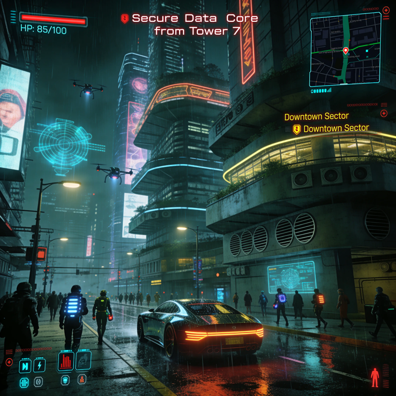 Generate a cyberpunk computer game scene: a car navigates a futuristic skyscraper cityscape, complete with health bars, mission objectives, and a mini-map. Rich in detail with logically arranged architecture, numerous pedestrians, and set at night.