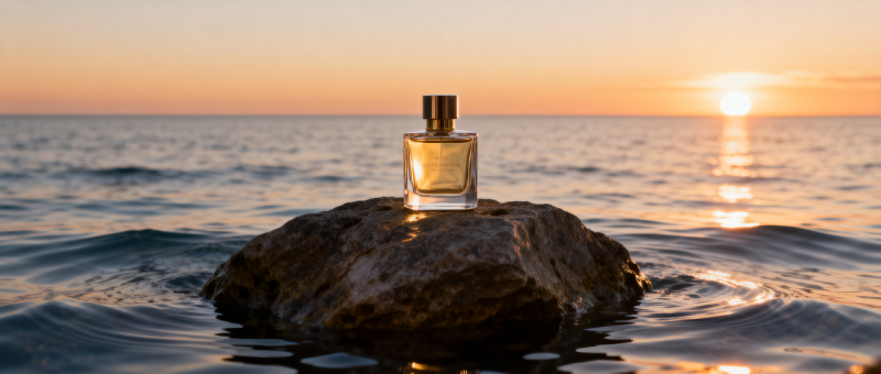 Product photography of a luxury glass perfume bottle, placed on a rock in the middle of a calm ocean, with a beautiful sunset on the horizon, and ample negative space in the top sky area for adding text. The wide-angle shot and symmetrical composition create a tranquil atmosphere and highlight the high-end advertising style.
在Google翻译
