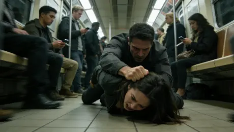 A hidden camera captures a couple engaged in a fierce fight on the floor of a crowded subway car. The man, pinned face-down, holds the upper hand, while surrounding passengers remain indifferent.