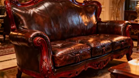 The product image shows a Baroque-style dark brown leather sofa with a fine, glossy finish. It features curved armrests and a carved mahogany frame. The seat cushions and backrest are full and soft, with tufted details on the seat. The sofa is placed in a classic European-style living room with warm lighting.