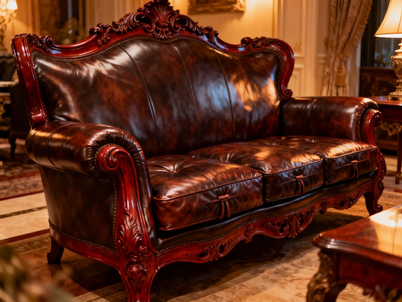 The product image shows a Baroque-style dark brown leather sofa with a fine, glossy finish. It features curved armrests and a carved mahogany frame. The seat cushions and backrest are full and soft, with tufted details on the seat. The sofa is placed in a classic European-style living room with warm lighting.