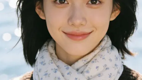 Based on the reference image, create a Japanese-style fresh portrait in a portrait photography aesthetic. The subject wears a dark-toned (dark brown, black, and beige interwoven) vintage geometric diamond-patterned knit sweater with a thick, warm texture. Paired with a loose scarf featuring a light beige base and small blue floral patterns, the soft material is draped around the neck for a fresh, gentle style. The backdrop features sparkling seawater under clear skies. Employing a center-weighted composition with a close-up shot, the image utilizes shallow depth of field (heavily blurred background). Lighting combines side-backlighting with soft fill light.