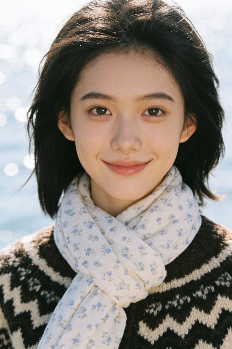 Based on the reference image, create a Japanese-style fresh portrait in a portrait photography aesthetic. The subject wears a dark-toned (dark brown, black, and beige interwoven) vintage geometric diamond-patterned knit sweater with a thick, warm texture. Paired with a loose scarf featuring a light beige base and small blue floral patterns, the soft material is draped around the neck for a fresh, gentle style. The backdrop features sparkling seawater under clear skies. Employing a center-weighted composition with a close-up shot, the image utilizes shallow depth of field (heavily blurred background). Lighting combines side-backlighting with soft fill light.