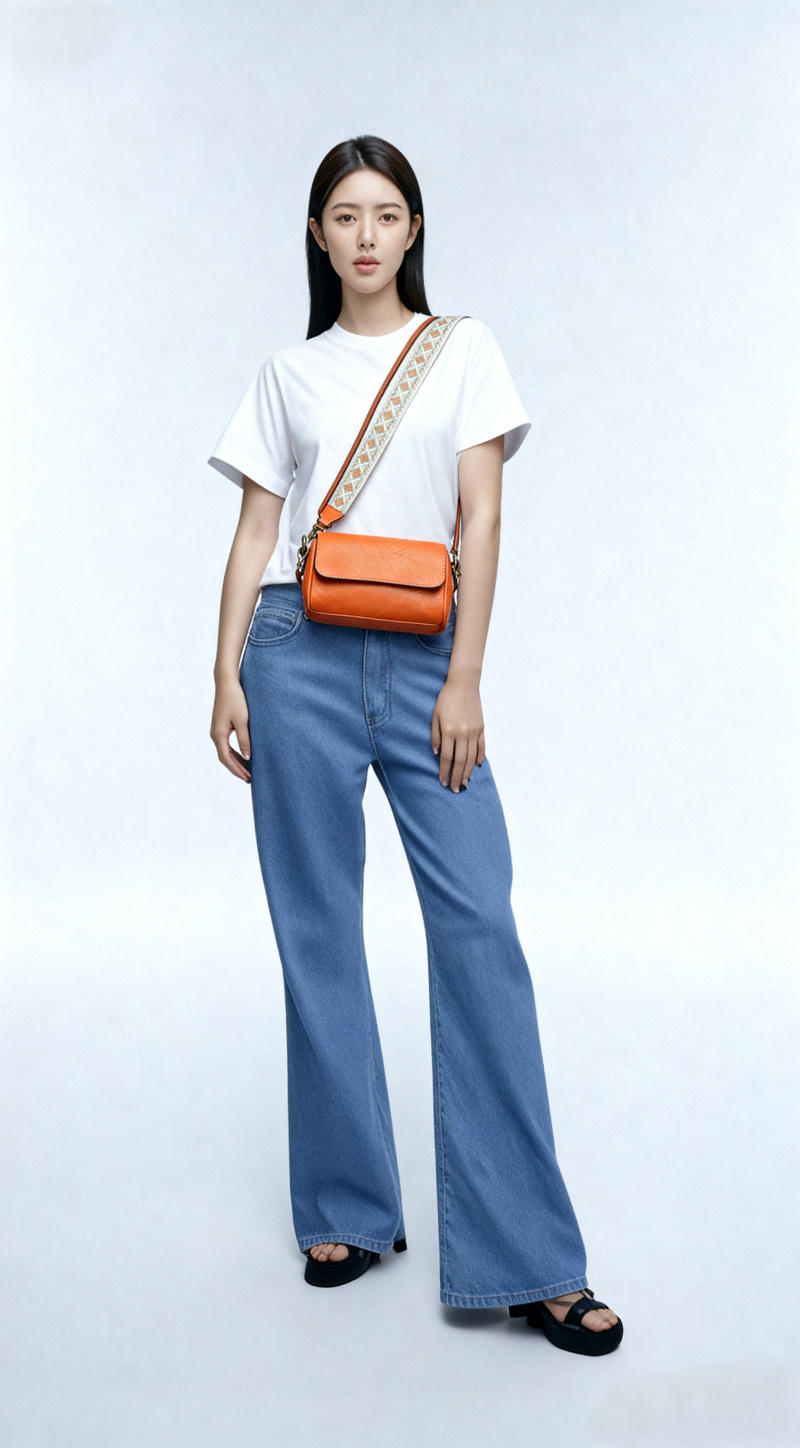 While keeping the character's pose and clothing unchanged, add the orange shoulder bag shown in Figure 2 to the girl in Figure 1. The bag is slung across the girl's front in realistic proportions, with natural light and shadow blending in, resulting in a harmonious overall appearance.