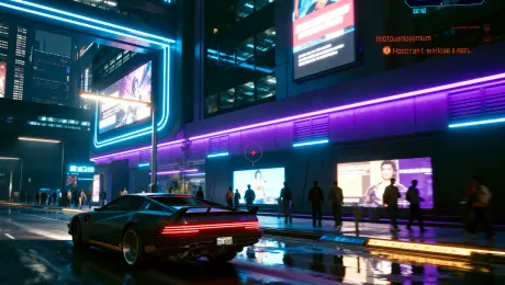 Generate a cyberpunk computer game scene: a car navigates a futuristic cityscape of towering skyscrapers, complete with health bars, mission objectives, and a mini-map. Rich in detail with logically arranged architecture, numerous pedestrians, and set at night.