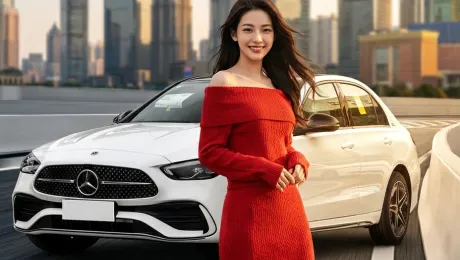 Commercial lifestyle photography in a modern city setting, featuring a stylish red dress woman model standing beside a sleek car. Natural and confident pose, cinematic city background with soft depth of field, daylight or golden hour lighting, realistic shadows and reflections, professional color grading, clean composition for e-commerce or advertising display