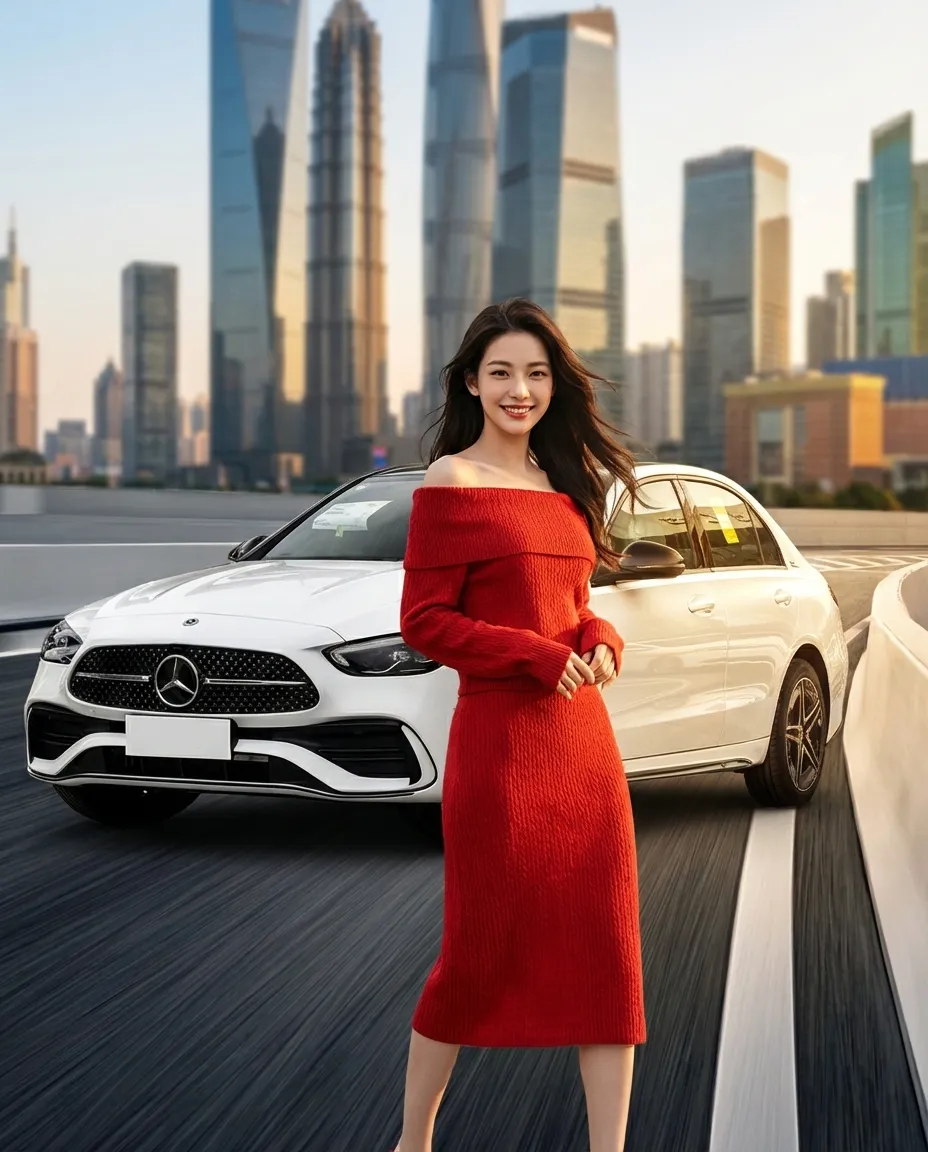 Commercial lifestyle photography in a modern city setting, featuring a stylish red dress woman model standing beside a sleek car. Natural and confident pose, cinematic city background with soft depth of field, daylight or golden hour lighting, realistic shadows and reflections, professional color grading, clean composition for e-commerce or advertising display