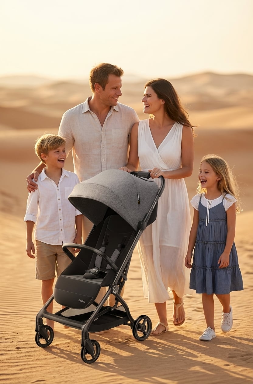 A commercial product photo in a desert setting, featuring a baby stroller as the main product and four human models: a father, a mother, a son, and a daughter. Professional posing, clean composition, bright lighting, realistic details, suitable for e-commerce catalog display.