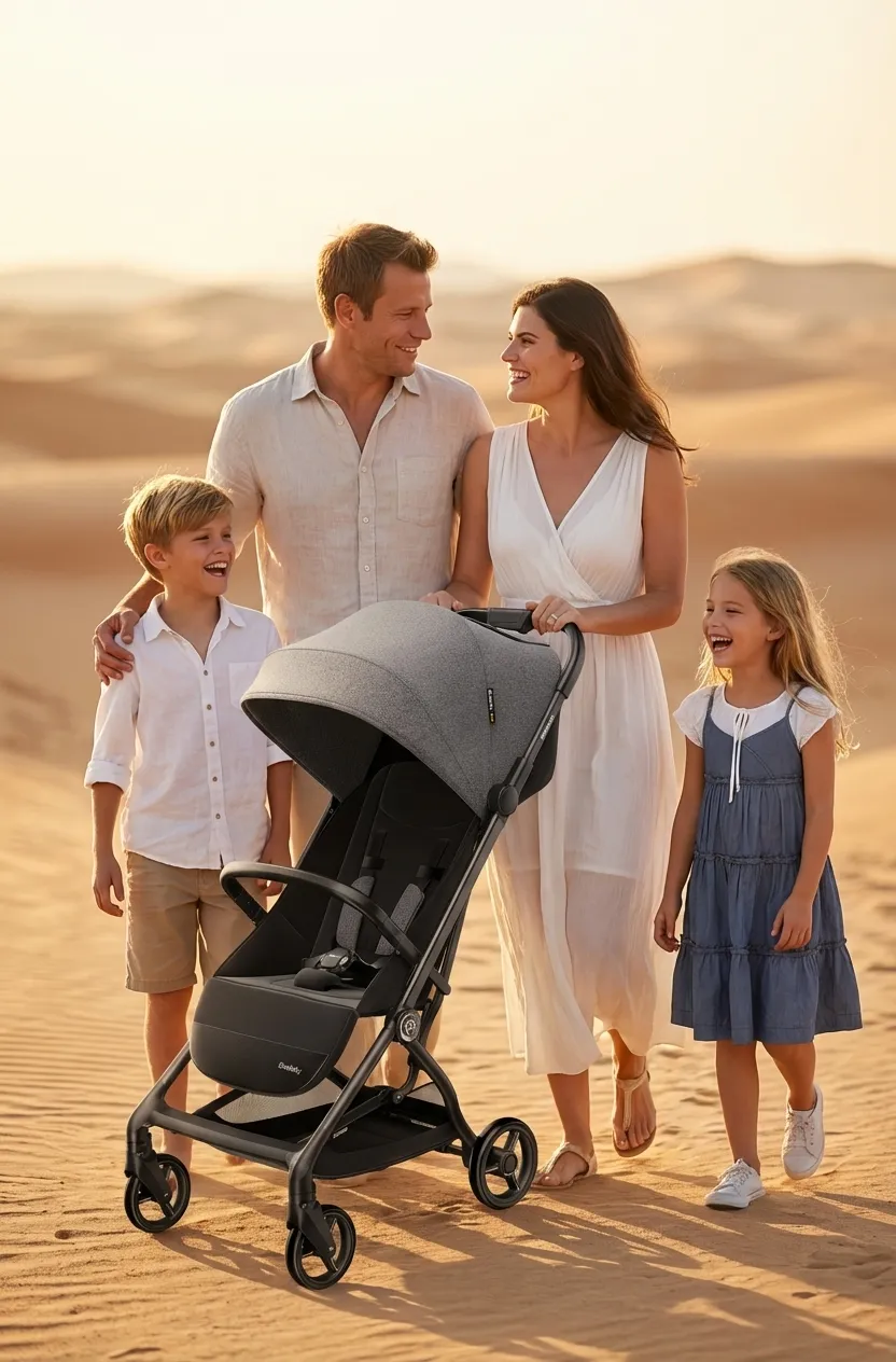 A commercial product photo in a desert setting, featuring a baby stroller as the main product and four human models: a father, a mother, a son, and a daughter. Professional posing, clean composition, bright lighting, realistic details, suitable for e-commerce catalog display.