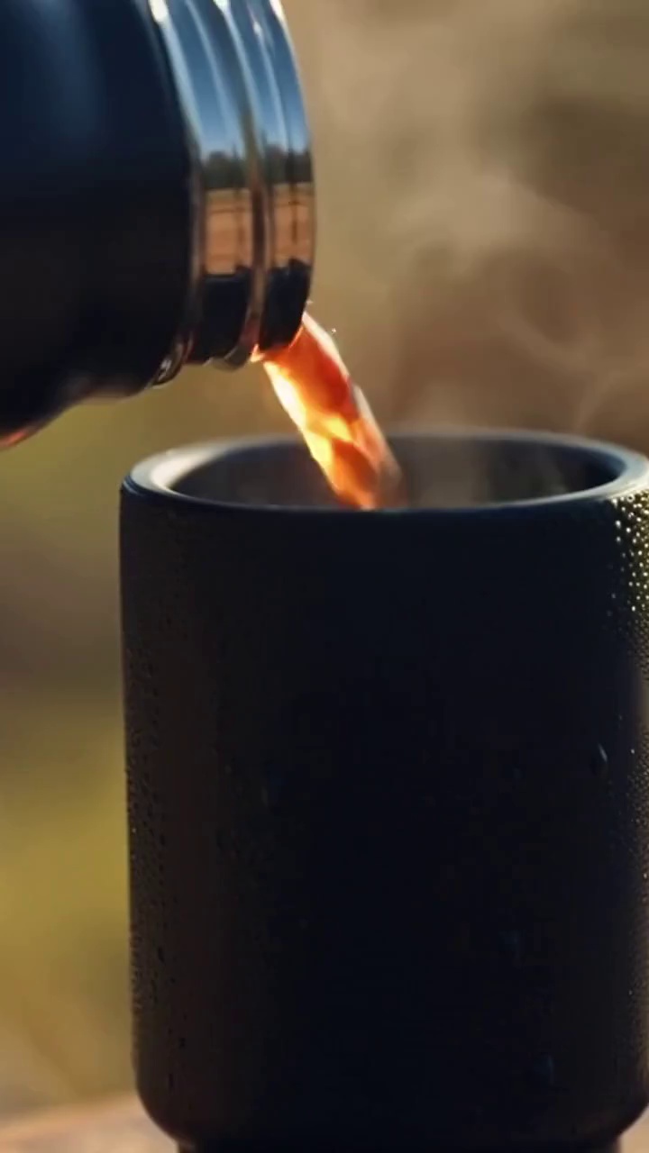 A warm and inviting 8-second lifestyle ad for a high-quality thermal bottle:
Opening: close-up of steaming coffee being poured into the cup, condensation on matte textured surface glistening under sunlight.
Camera pans to outdoor picnic scene on a wooden table, friends laughing and enjoying drinks.
Cut to product standing on the table, covered in droplets, against a background of nature.
Final moment: subtle zoom-in on logo with sun flare and tagline “Warmth Everywhere”.
Style: cozy lifestyle cinematics, 8K detail, natural soft lighting, warm color grading.
