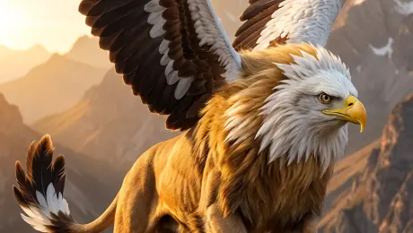 Create a photorealistic image of a fictional animal species by blending the distinctive traits of an adult male lion and a bald eagle.

Fusion guidelines:
- Keep the muscular, powerful body shape of a lion, with strong feline legs and paws
- Integrate the majestic mane of the lion, subtly transformed into feather-like textures using the bald eagle's color patterns (white, dark brown)
- Replace the lion's face with an anatomically realistic hybrid: sharp, hooked beak of a bald eagle combined with feline facial structure, keeping piercing eagle eyes
- Add wings inspired by the bald eagle, proportional to the hybrid body for realistic flight capability
- Tail with feather plume ending
- Overall color palette: warm golden fur mixed with white head feathers and dark brown wing markings
- The creature should appear like a real apex predator in nature
- Background: dramatic mountainous landscape at sunrise, emphasizing dominance and freedom
- Photorealistic style, high detail, natural lighting
