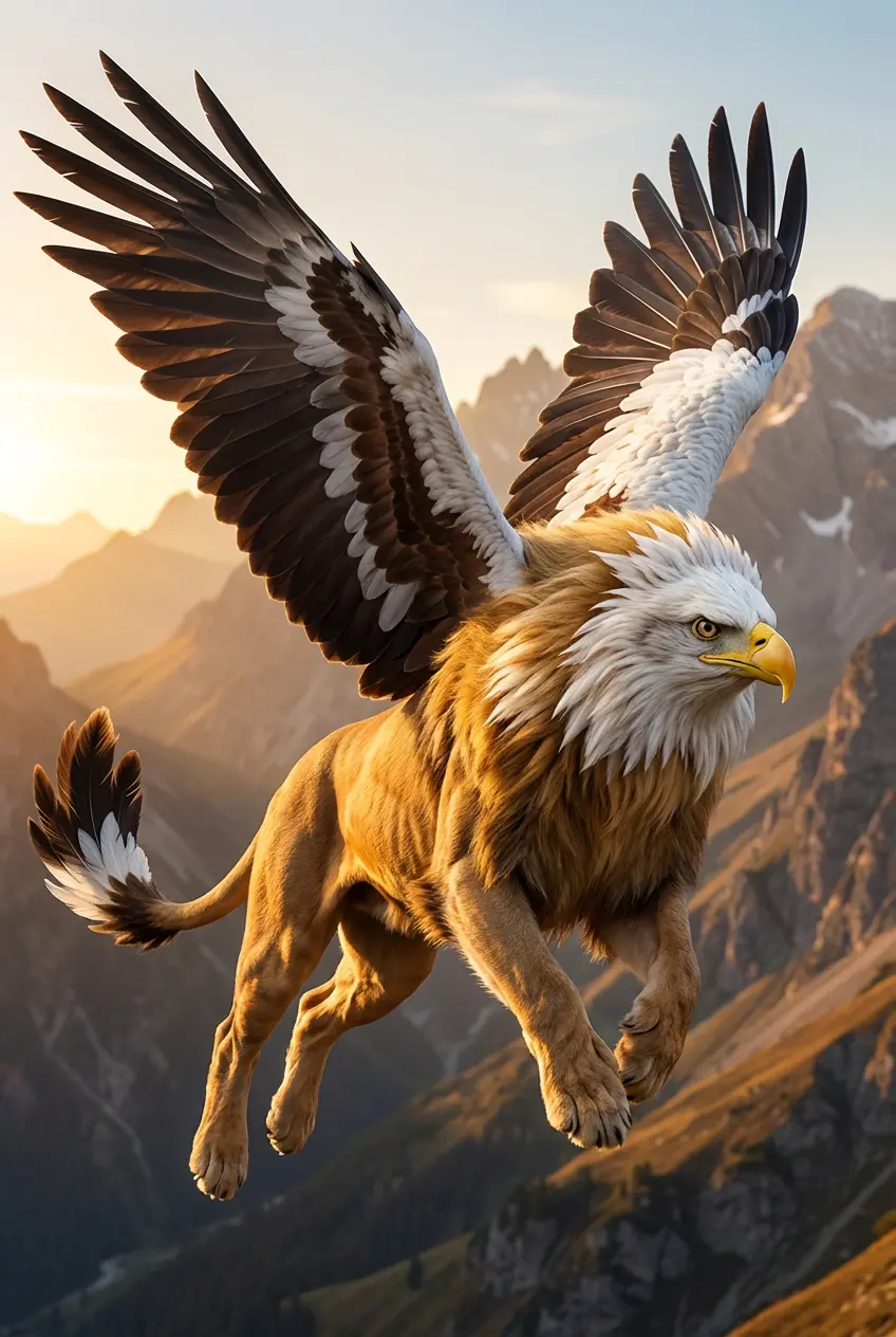 Create a photorealistic image of a fictional animal species by blending the distinctive traits of an adult male lion and a bald eagle.
Fusion guidelines:
- Keep the muscular, powerful body shape of a lion, with strong feline legs and paws
- Integrate the majestic mane of the lion, subtly transformed into feather-like textures using the bald eagle's color patterns (white, dark brown)
- Replace the lion's face with an anatomically realistic hybrid: sharp, hooked beak of a bald eagle combined with feline facial structure, keeping piercing eagle eyes
- Add wings inspired by the bald eagle, proportional to the hybrid body for realistic flight capability
- Tail with feather plume ending
- Overall color palette: warm golden fur mixed with white head feathers and dark brown wing markings
- The creature should appear like a real apex predator in nature
- Background: dramatic mountainous landscape at sunrise, emphasizing dominance and freedom
- Photorealistic style, high detail, natural lighting
