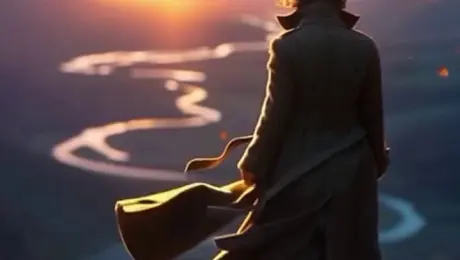 Cinematic wide shot at golden hour, high cliff overlooking a vast valley with a shimmering river below, warm orange sunset light contrasting with deep blue shadows, lone figure in flowing coat standing at the cliff edge, wind dramatically blowing fabric and leaves, slow cinematic dolly-in towards the figure, ultra-detailed face partially lit by golden light, tear rolling down cheek, sunset reflection in eyes, atmospheric dust motes in air, volumetric light, highly detailed, 8 seconds, cinematic realism, epic and emotional tone