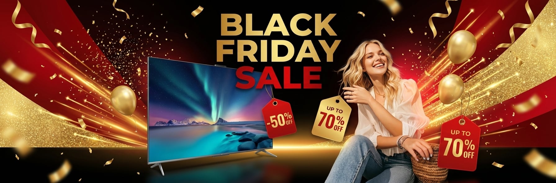 Create a vibrant Black Friday sale banner that seamlessly blends the provided images:
1. Television product photo
2. Female model in a stylish pose (provided image)
3. Black Friday theme elements (red, black, gold colors)
Design requirements:
- High-impact commercial style suitable for online store homepage or advertising
- Integrate the television and female model harmoniously, keeping realistic proportions and shadows
- Use energetic composition with large "BLACK FRIDAY SALE" typography in bold, modern font
- Place discount tags (e.g., -50%) prominently
- Add dynamic visual effects like light streaks, burst shapes, confetti for festive atmosphere
- Maintain clean, professional layout with clear product visibility
- Resolution: banner ratio 3:1 (wide and horizontal)