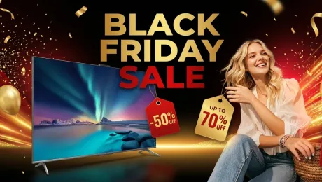 Create a vibrant Black Friday sale banner that seamlessly blends the provided images:
1. Television product photo
2. Female model in a stylish pose (provided image)
3. Black Friday theme elements (red, black, gold colors)

Design requirements:
- High-impact commercial style suitable for online store homepage or advertising
- Integrate the television and female model harmoniously, keeping realistic proportions and shadows
- Use energetic composition with large "BLACK FRIDAY SALE" typography in bold, modern font
- Place discount tags (e.g., -50%) prominently
- Add dynamic visual effects like light streaks, burst shapes, confetti for festive atmosphere
- Maintain clean, professional layout with clear product visibility
- Resolution: banner ratio 3:1 (wide and horizontal)
