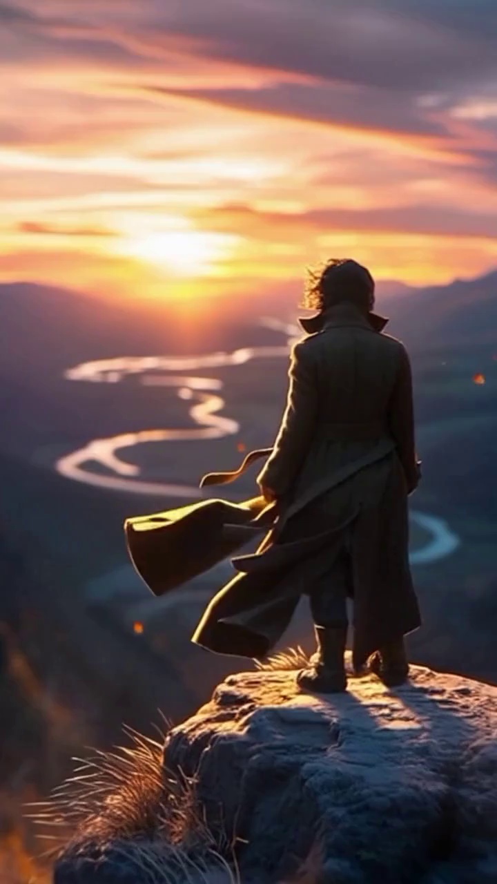Cinematic wide shot at golden hour, high cliff overlooking a vast valley with a shimmering river below, warm orange sunset light contrasting with deep blue shadows, lone figure in flowing coat standing at the cliff edge, wind dramatically blowing fabric and leaves, slow cinematic dolly-in towards the figure, ultra-detailed face partially lit by golden light, tear rolling down cheek, sunset reflection in eyes, atmospheric dust motes in air, volumetric light, highly detailed, 8 seconds, cinematic realism, epic and emotional tone