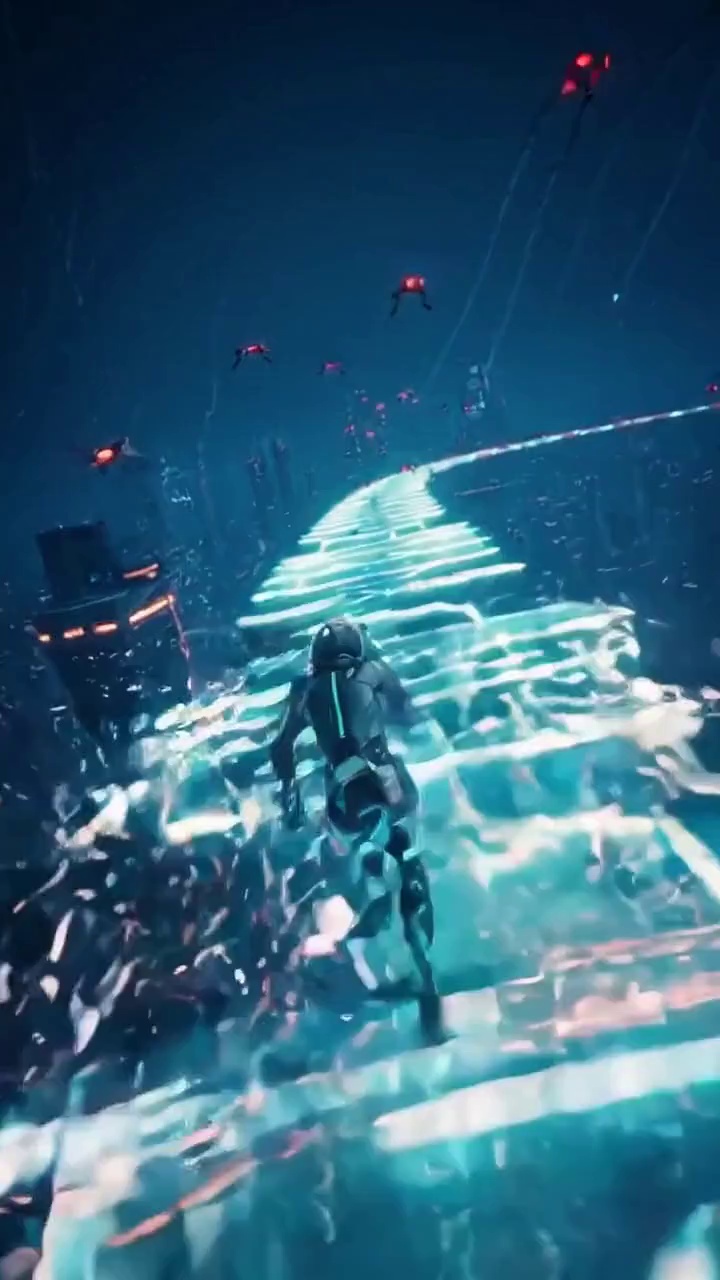 An intense 8-second action sequence high above a futuristic megacity:
A lone cybernetic runner dashes across a massive holographic energy bridge as it violently destabilizes.
Chunks of glowing panels collapse into the abyss while drones swarm overhead.
Camera tracks from above and tilts down, revealing the city skyline spinning beneath.
In the final seconds, the runner jumps into freefall, activating thruster boots and leaving a trail of neon vapor as the bridge disintegrates behind them.
Style: ultra photorealistic mixed with stylized cyberpunk game visuals, 8K detail, deep contrast lighting.