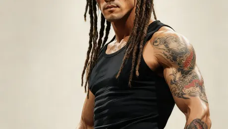 His hairstyle has changed to dreadlocks, he's wearing sunglasses, and his arms and chest are covered in tattoos with oriental elements.