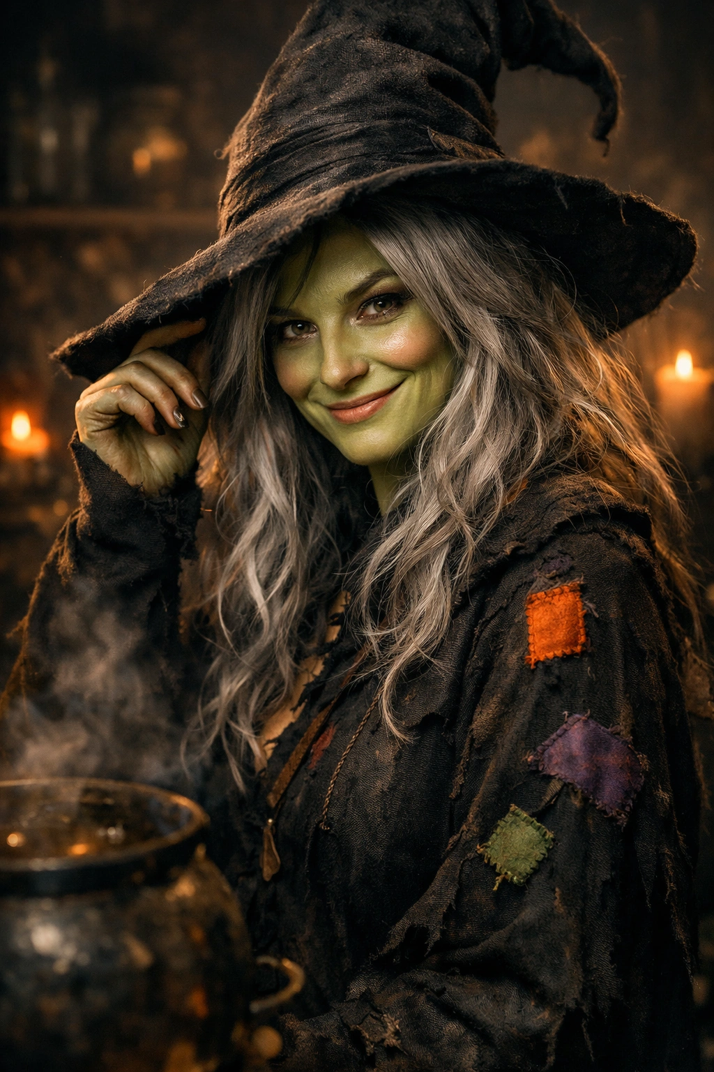 A whimsical witch with soft green skin, long wavy silver-gray hair, a friendly mischievous smile, wearing slightly worn black robes with colorful patches, playful expression, cinematic lighting, hyper-realistic, 8k --ar 9:16