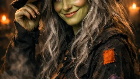 A whimsical witch with soft green skin, long wavy silver-gray hair, a friendly mischievous smile, wearing slightly worn black robes with colorful patches, playful expression, cinematic lighting, hyper-realistic, 8k --ar 9:16